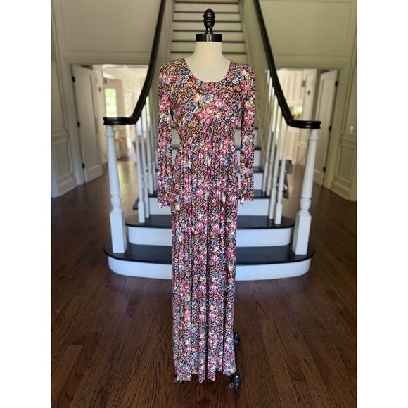 -TALL-Vintage Maxi Dress Brown Floral Fall Winter Hippie Boho Artsy Folksy Gypsy - Picture 3 of 12